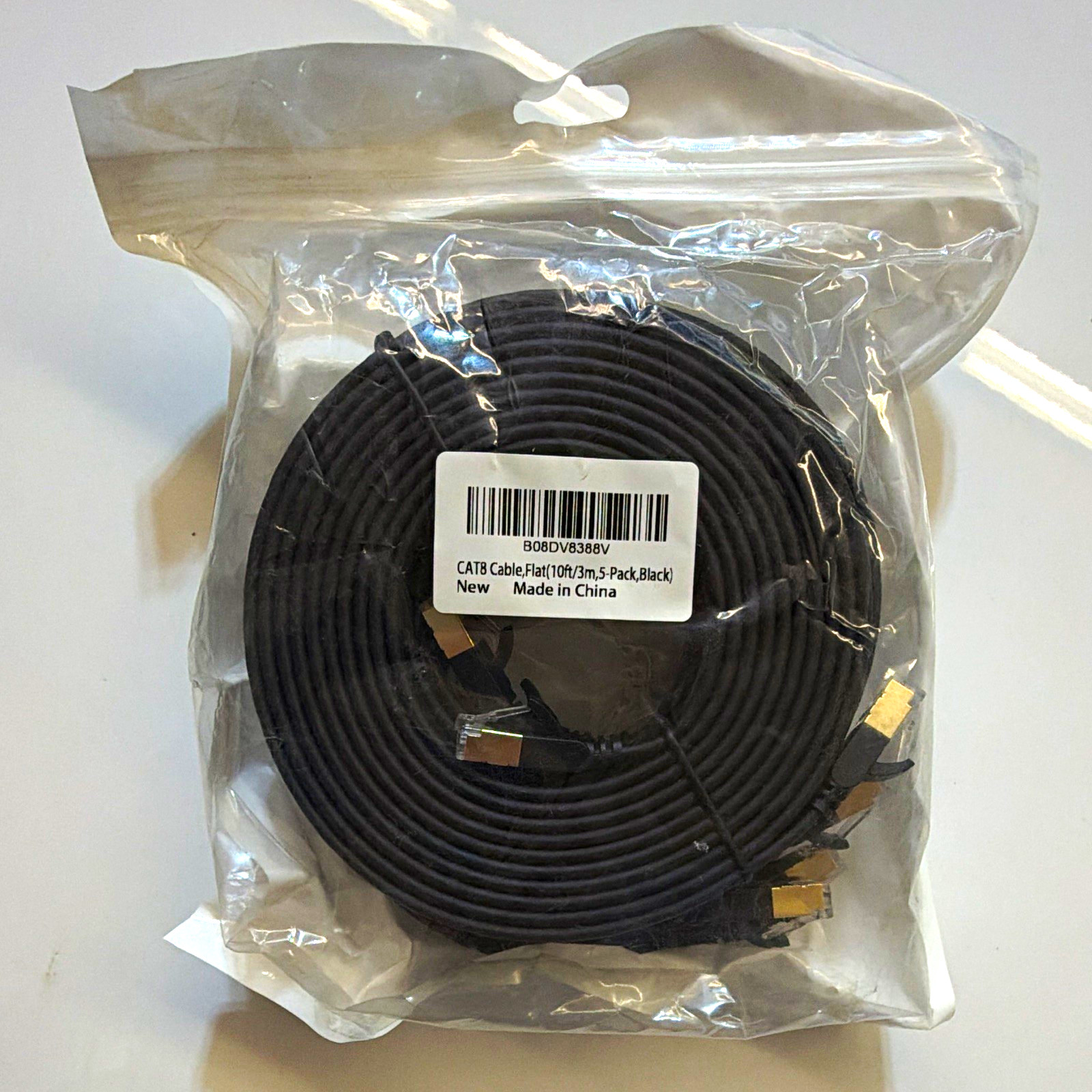 CAT8 Flat Ethernet Cable 10ft (3m) 5-Pack Black RJ-45 to RJ-45