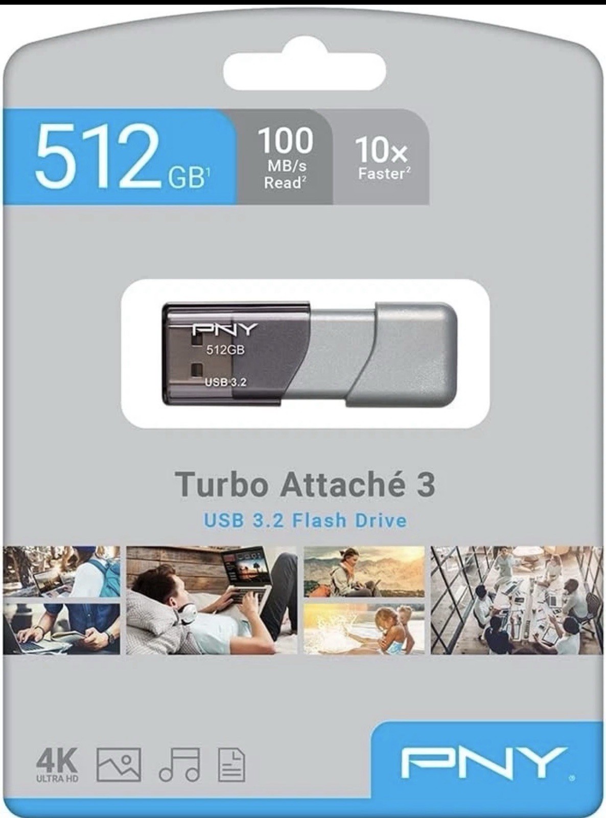 PNY 512GB Turbo Attache 3 USB 3.2 Flash Drive 100MB/s, Silver 512GB,