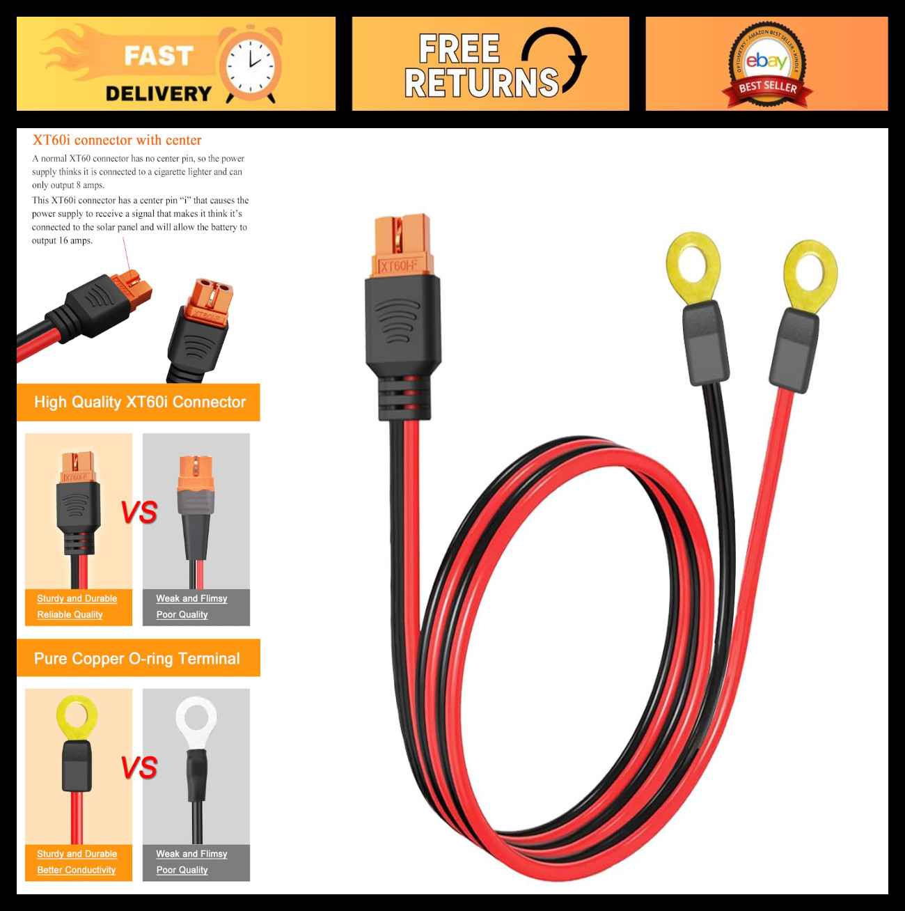 5FT XT60i to O Ring Terminal Cable 10AWG - 16A Lipo Battery Connector Extension
