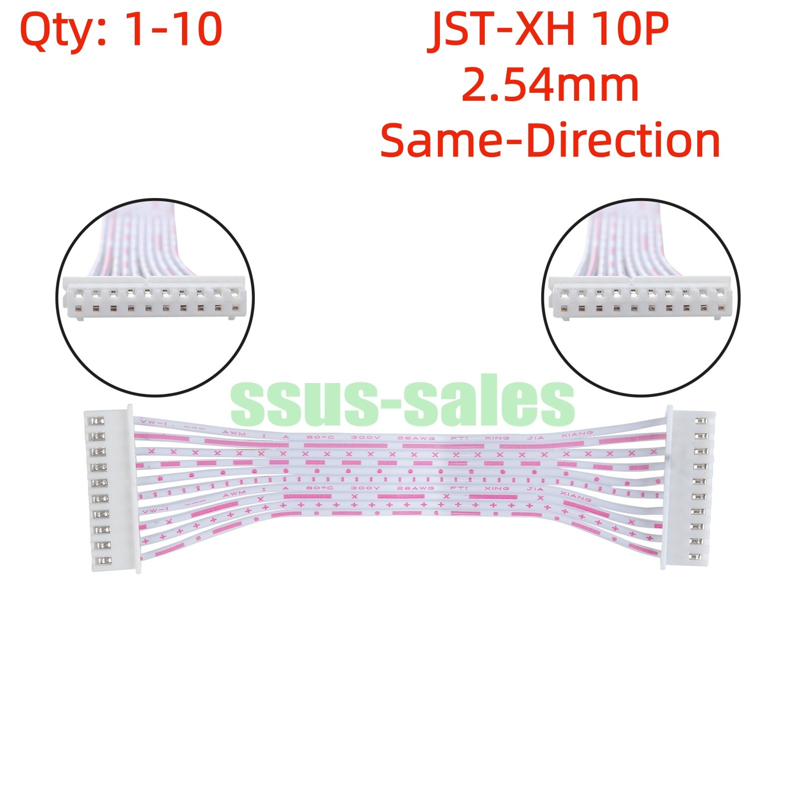 lots 10-pin 10 cm 2.54mm JST-XH same-orientation female-to-female ribbon cable
