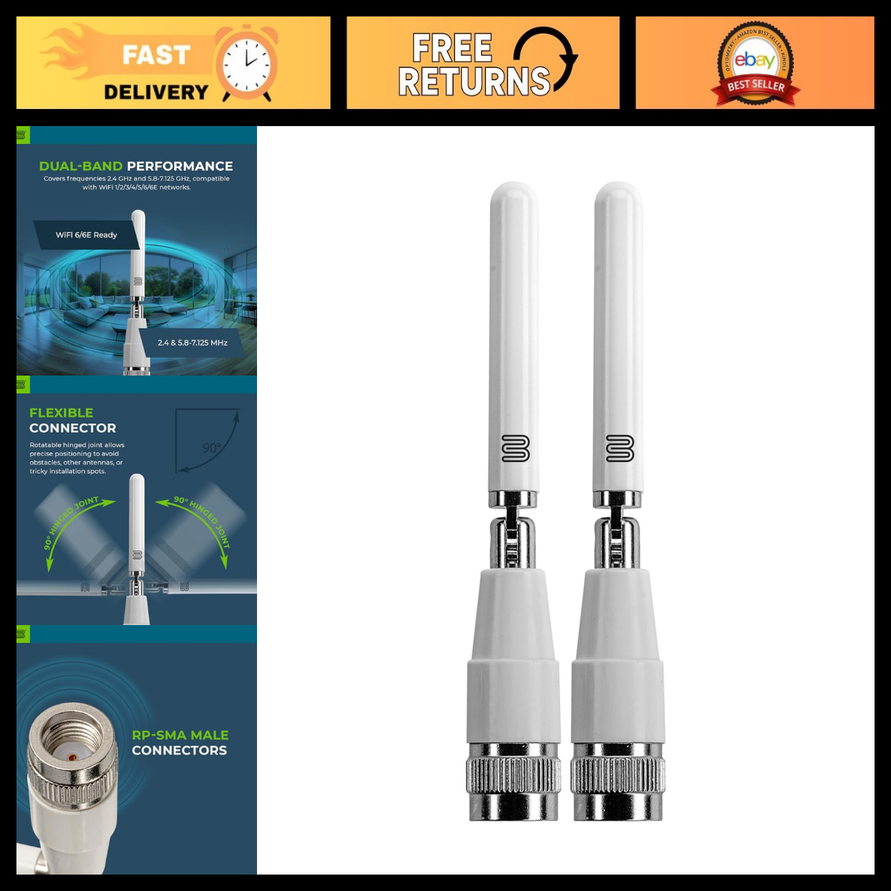 WiFi Omni Monopole Antenna 2.4/5.8GHz, 7.125GHz, Dual Pack, High Gain Signal Boo