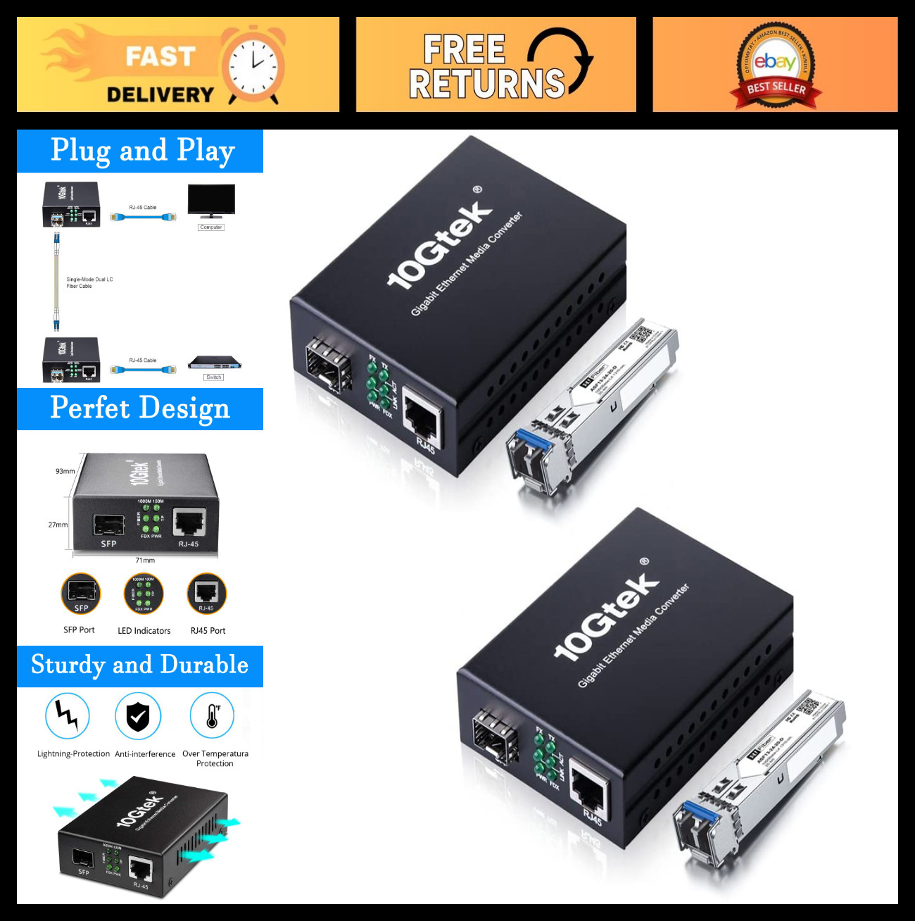 Gigabit Single Mode LC Fiber Media Converter with SFP LX Modules, 1.25G/s, 20km