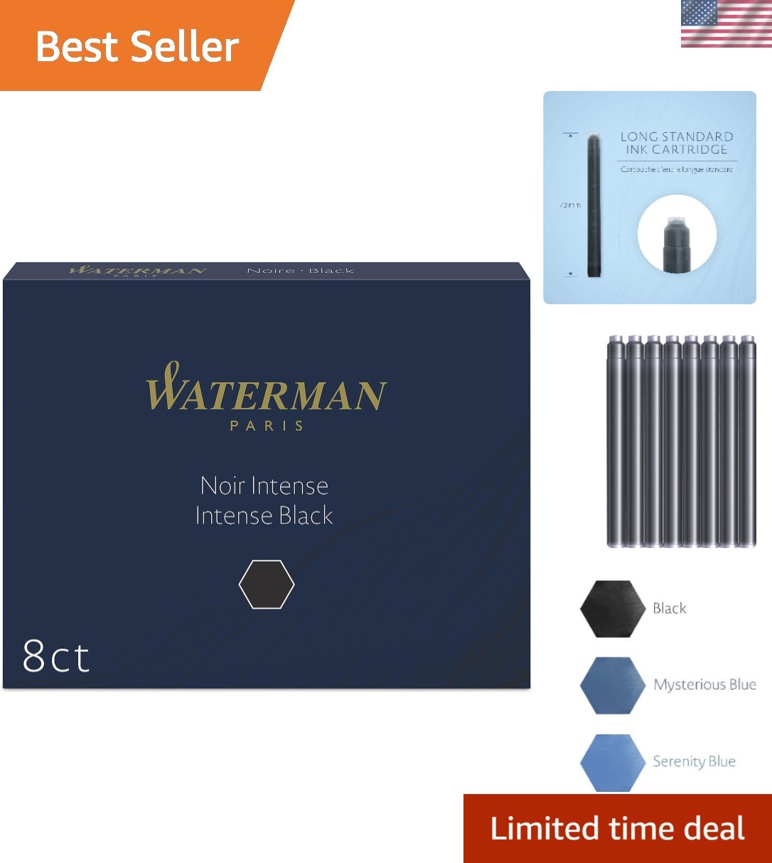 Elegant 8 Pack Permanent Black Ink Cartridges for Fountain Pens - Gift Boxed