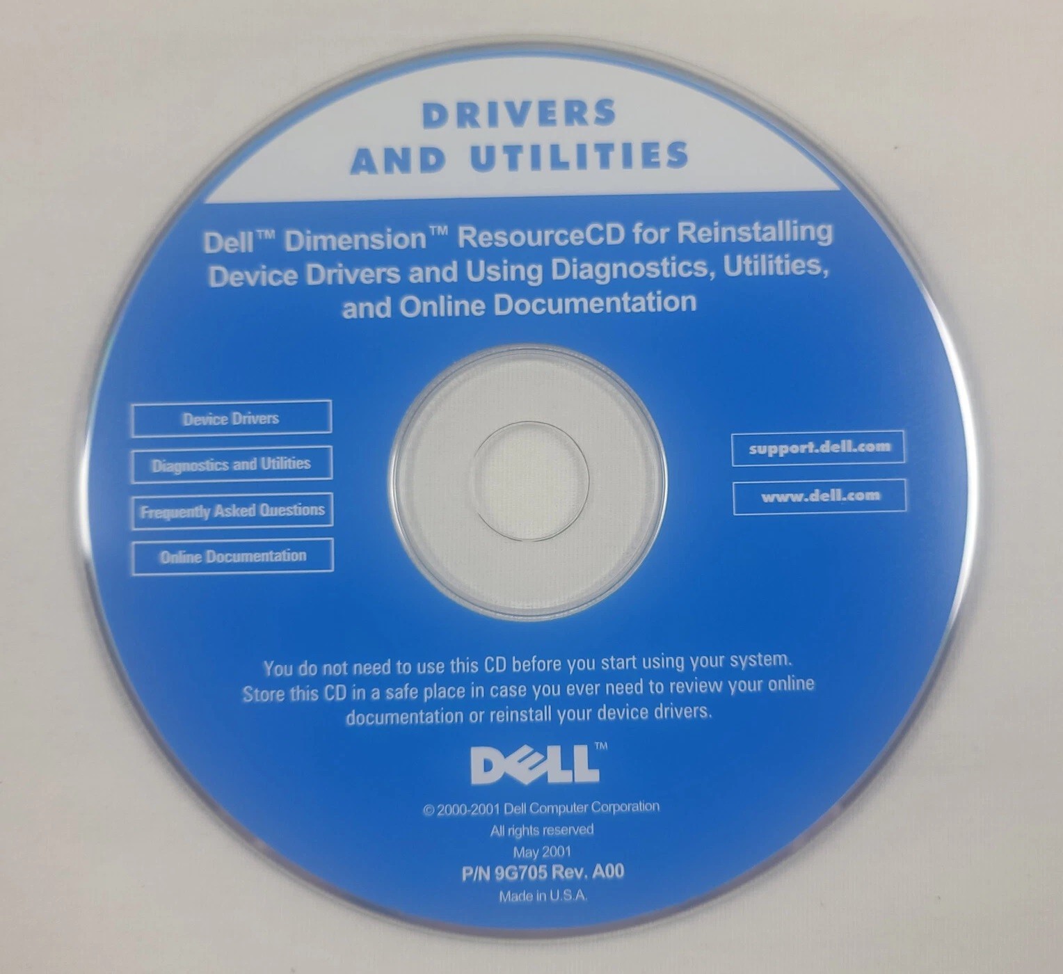 Dell Dimension Resource CD Drivers and Utilities 2001 Disc Only 9G705 Rev A00