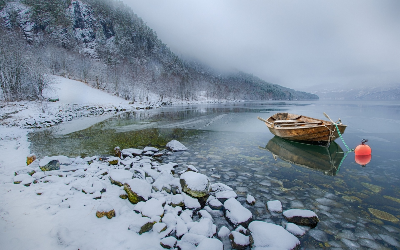 Landscape nature snow lake mountains winter boat mist Custom Gaming Mat Desk