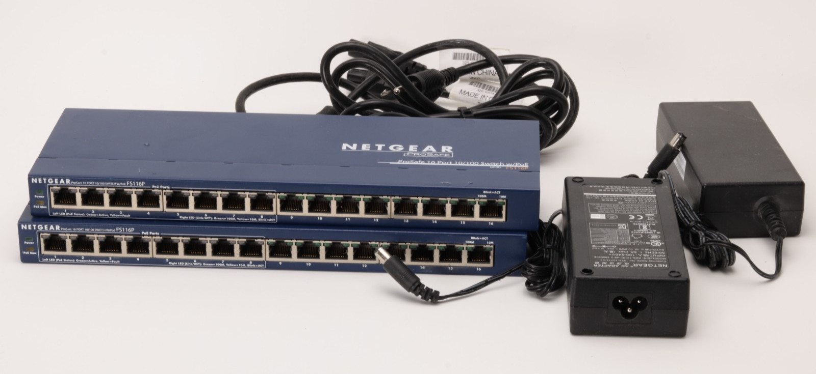 2x Netgear ProSafe 16 Port 10/100 PoE Switch FS116P v2 w/ Power 32 ports total
