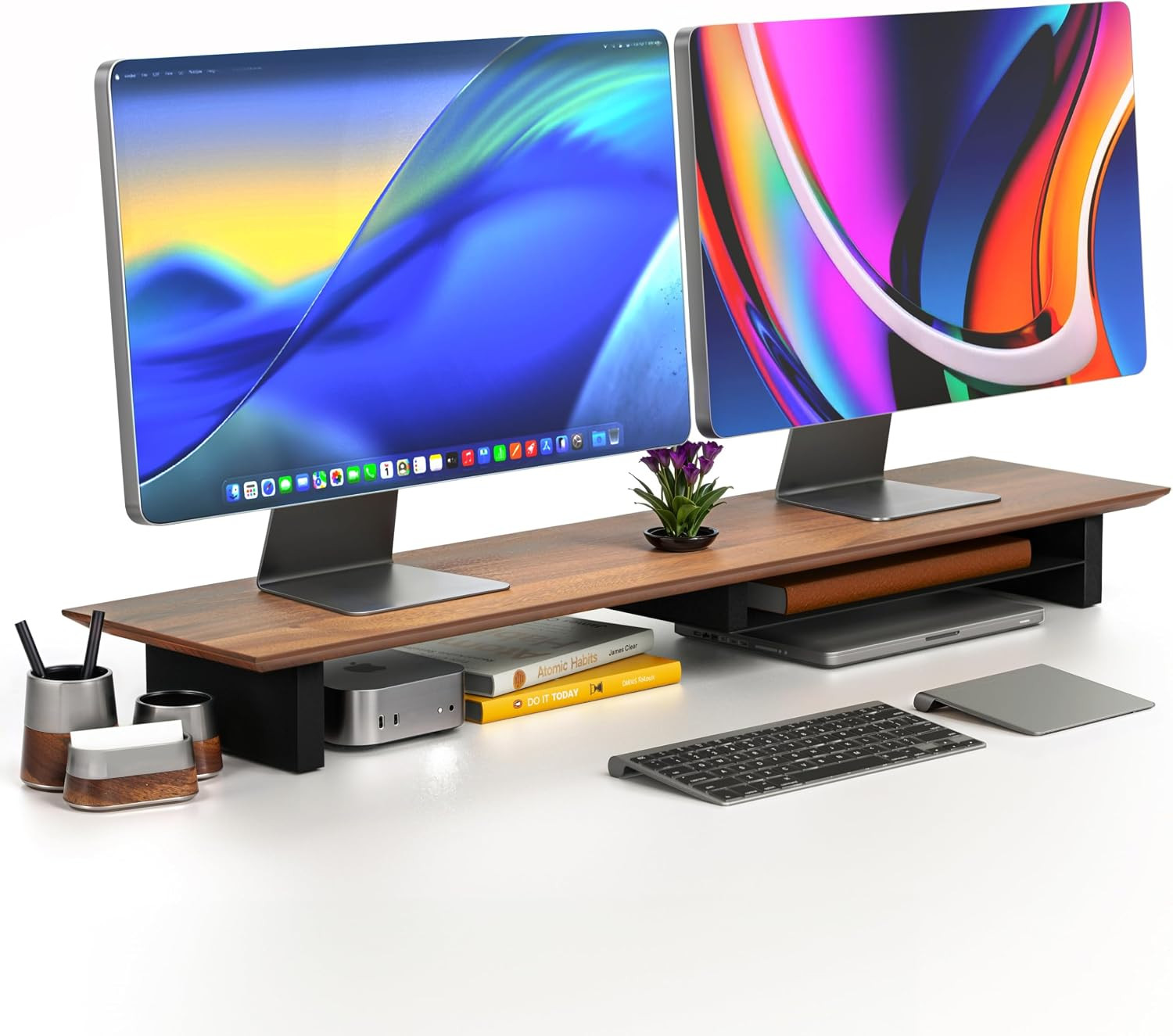 COREMINDED Solid Wood Dual Monitor Stand Riser, 42 Inch Walnut Desk Shelf
