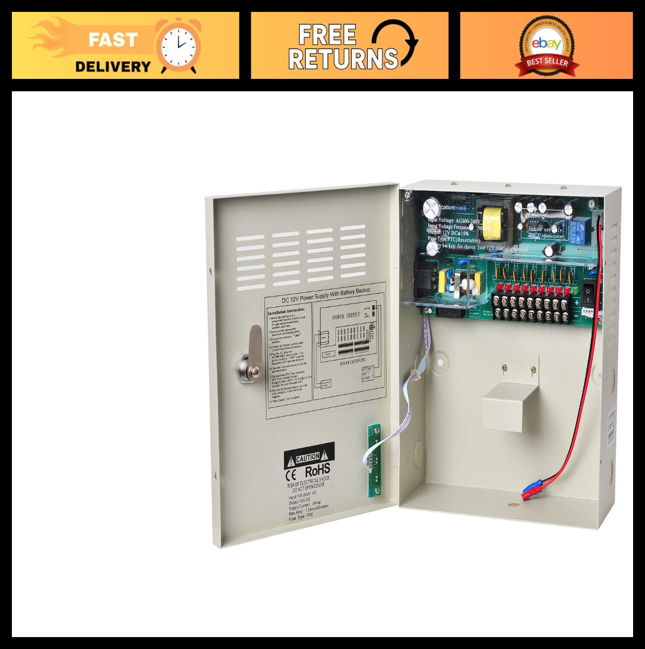 9 Channel 12V 5A Metal Boxed UPS Power Supply for CCTV, Alarms, PTZ Control