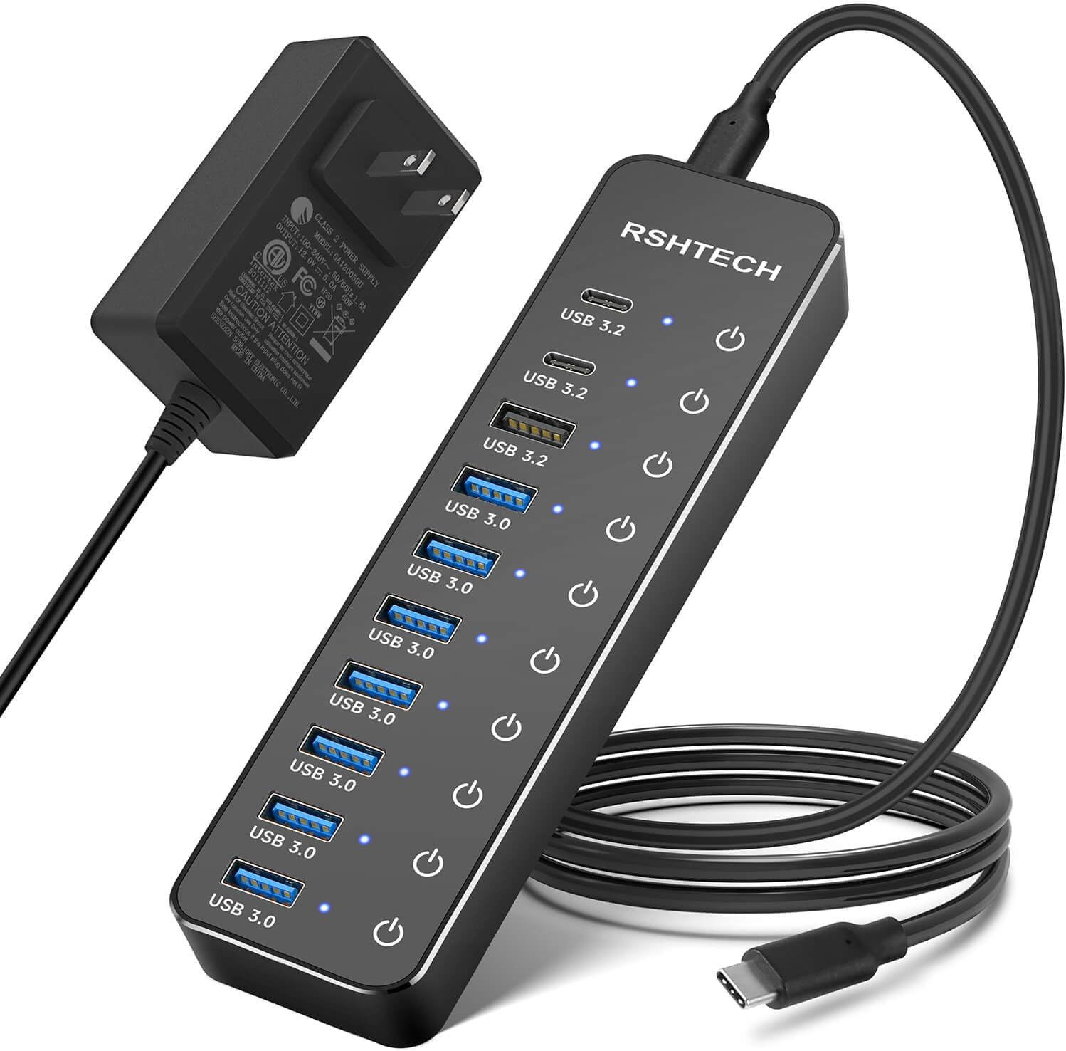 Powered USB Hub,  10-Port USB 3.2/USB C Hub 60W with 10Gbps USB-A 3.2,...