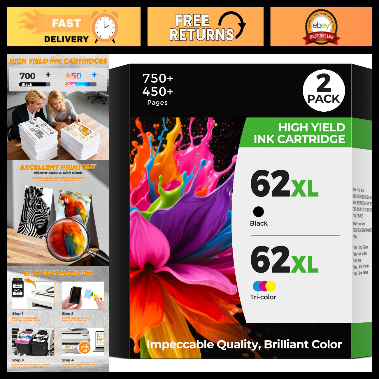 62XL Ink Cartridges Compatible for HP - Black & Color High Yield Replacement