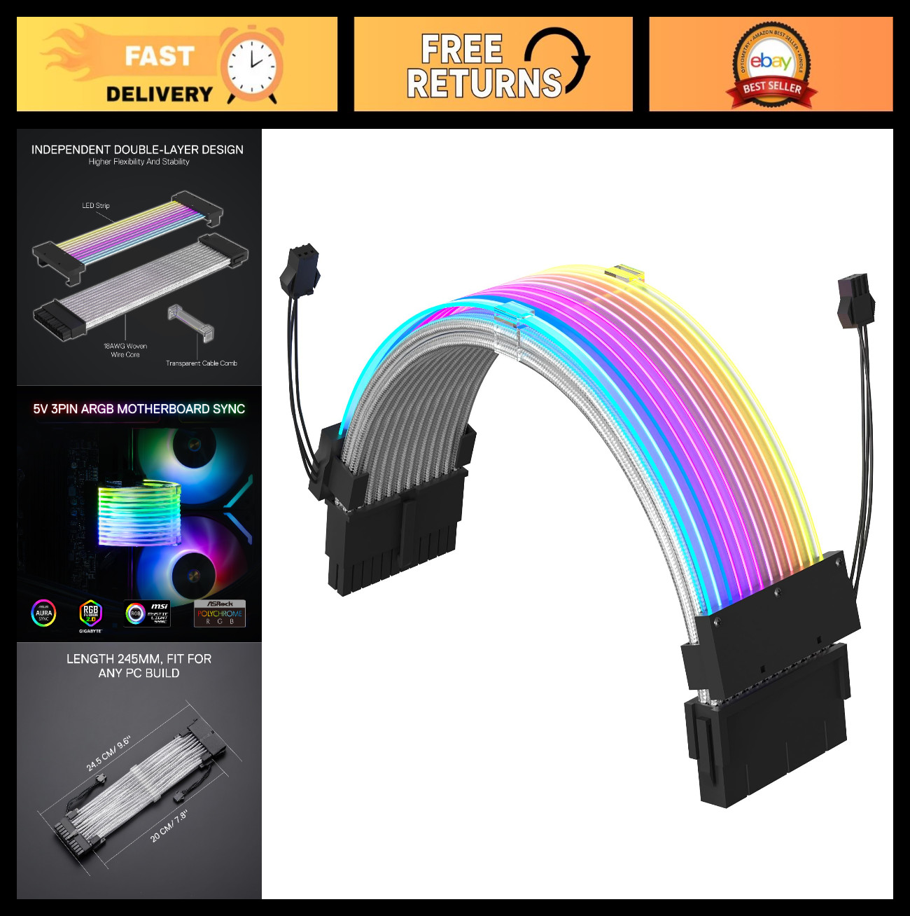 24 Pin ATX ARGB Power Supply Extension Cable for Motherboards - RGB LED, 30cm