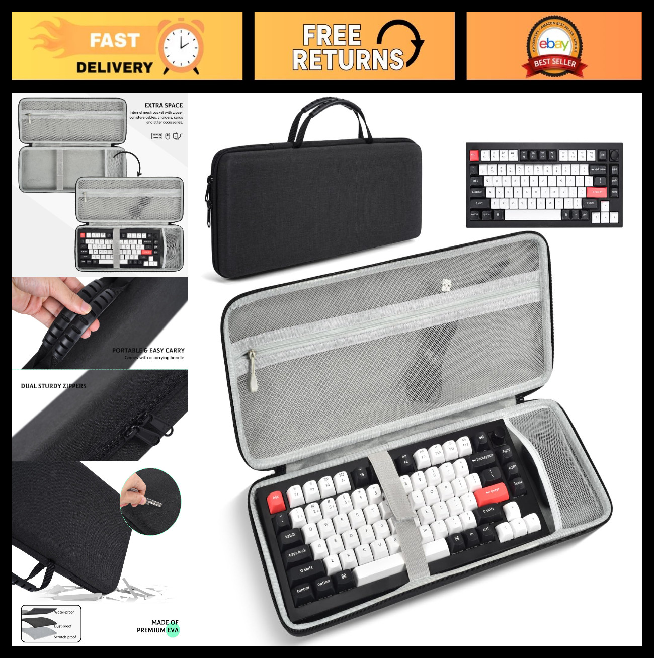 75% Keyboard Case - Hard Travel Bag for 84-Key Mechanical Keyboards, Black