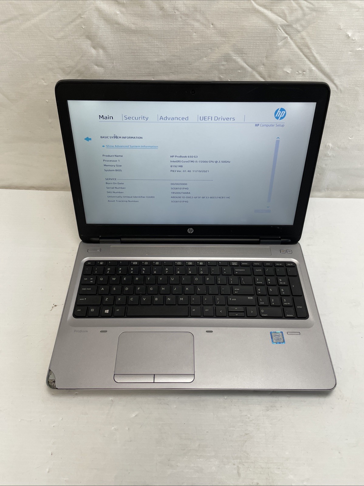 HP ProBook 650 G3 15.6"FHD i5-7200U@2.90GHz 8GB RAM No HDD No OS