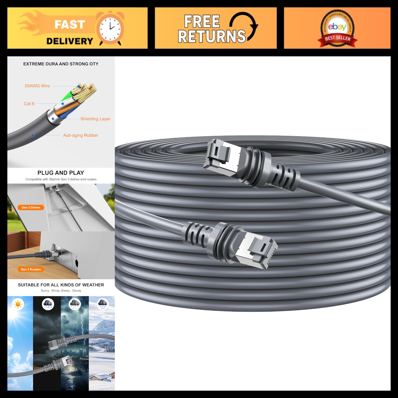 100FT Waterproof Satellite Cable Extension for Starlink Gen 3 - Outdoor Use, RV/