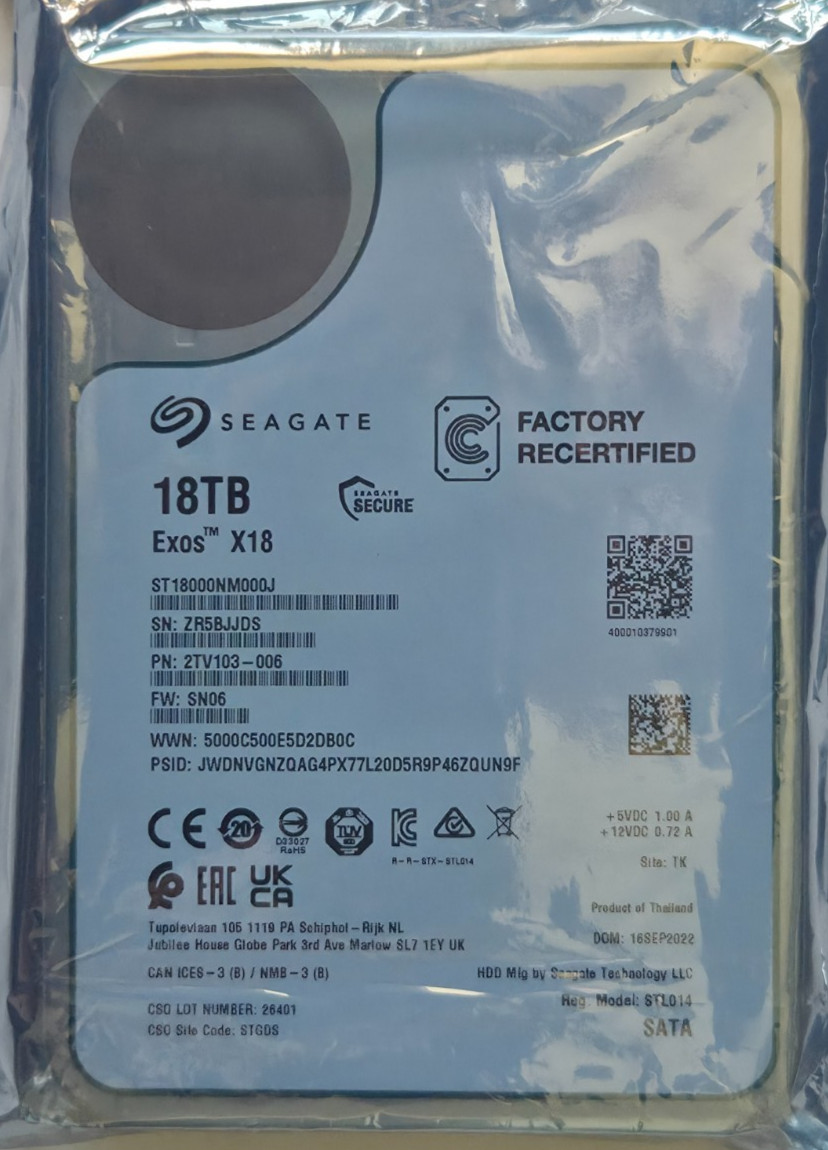 Seagate Exos X18 18TB 6Gbps 72K 35 512e SATA HDD ST18000NM000J G2U