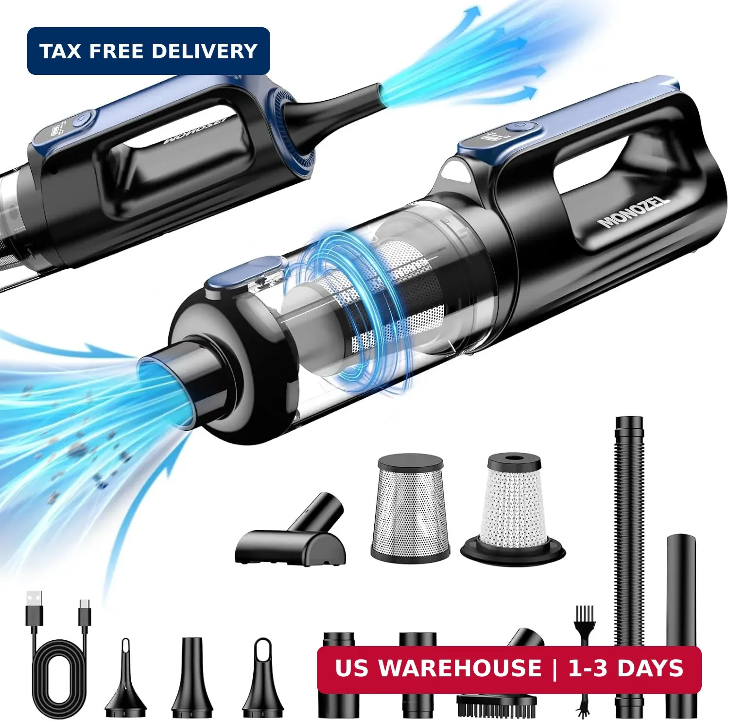 MONOZEL Car Vacuum Portable Cordless, 18000Pa 2 in 1 Vacuum Cleaner&Air Duster,