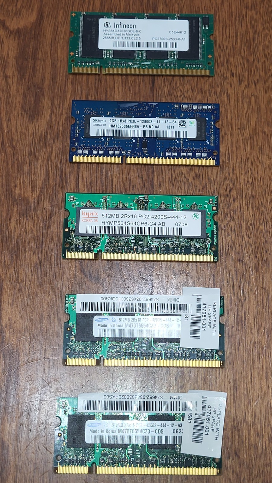 5 Modules RAM SODIMM Memory lot 256MB, 512MB x3, 2GB Samsung/Hynix/Infineon 