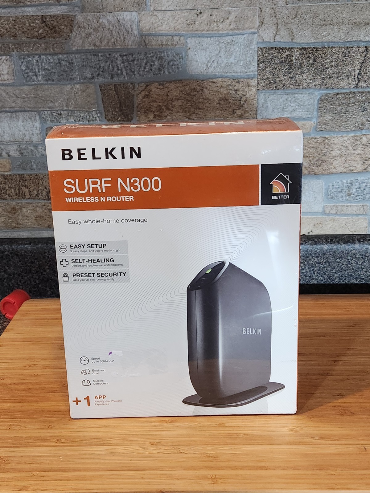 Belkin Surf N300 Wireless-N Router packaged in its original box.