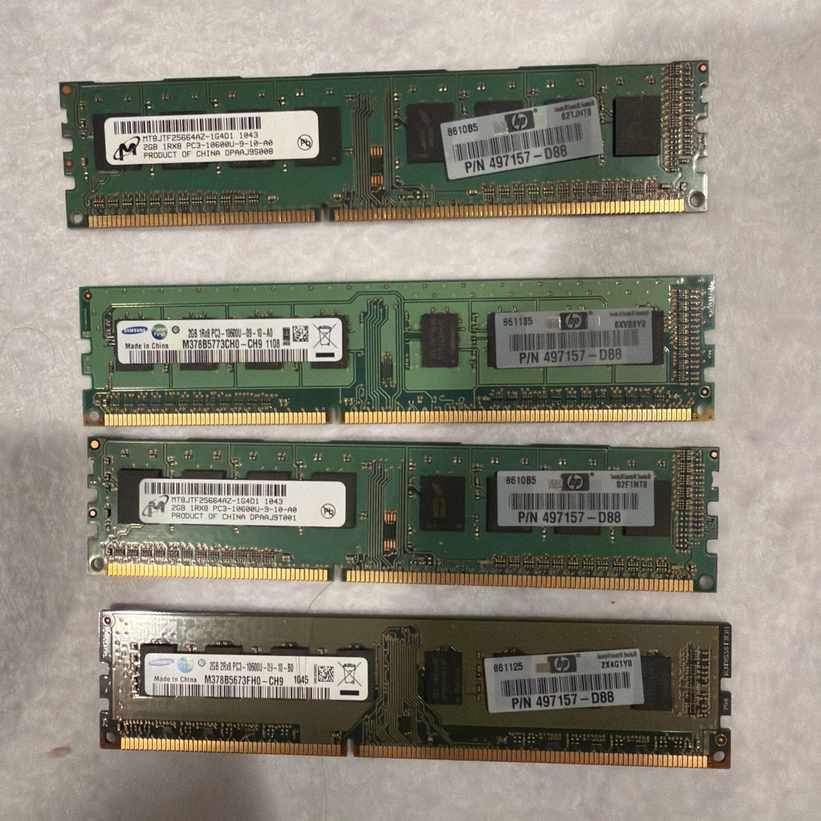 Samsung/Micron 8GB (4 x 2GB) 2Rx8 PC3 - 10600U PC MEMORY RAM HP # 497157-D88