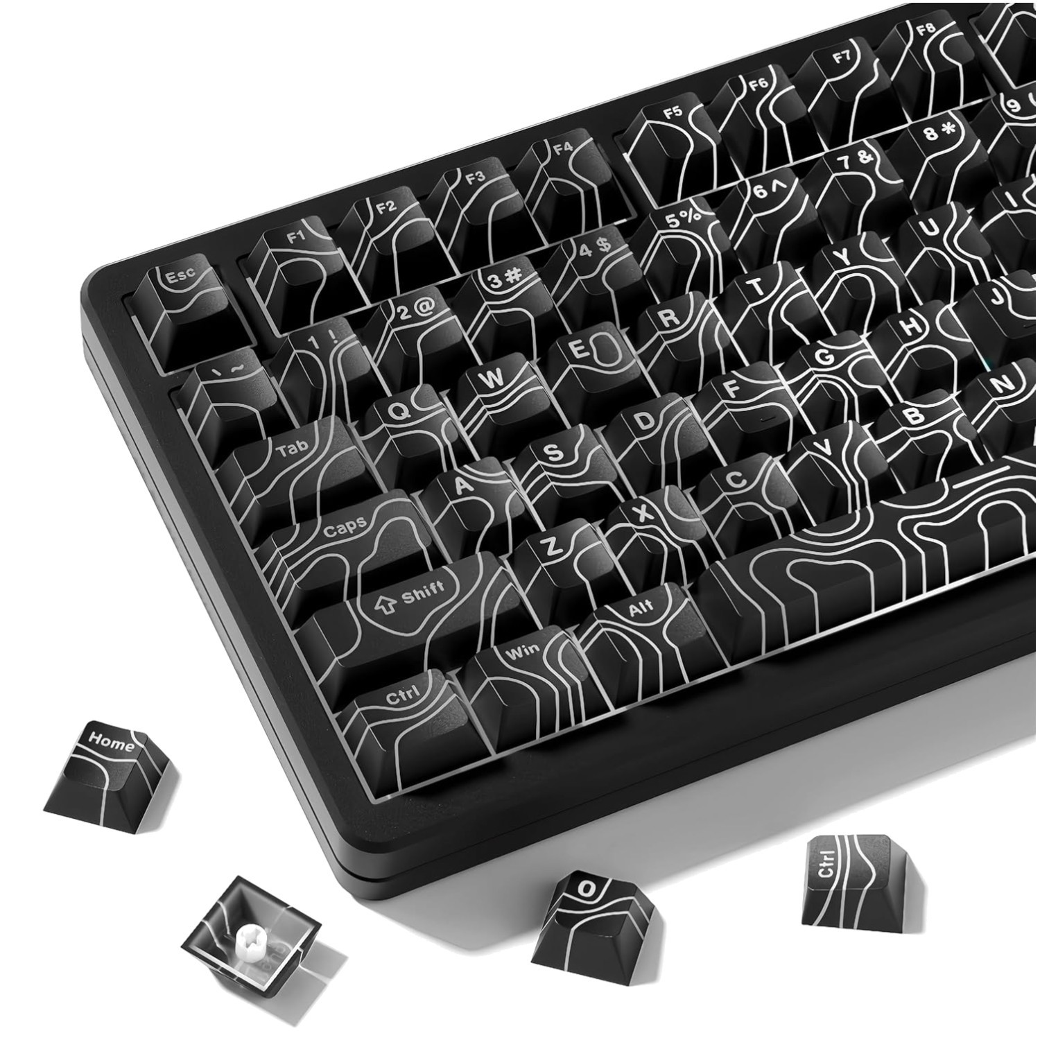 118 Keys Double Shot PBT Keycaps Set - Black Topographic Shine Through