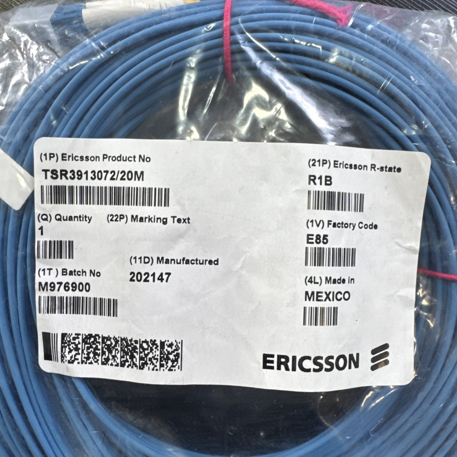 Ericsson TSR3913072/20M BB CSR 20Meter Blue Fiber Patch Cable 2G657 LC-LC Duplex