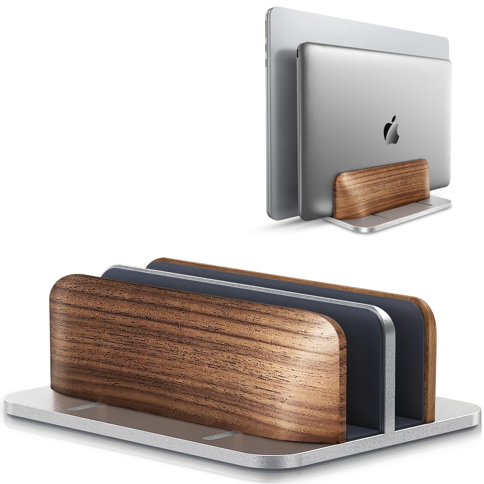 Adjustable Vertical Laptop Stand, Dual Slot Wooden & Aluminum Holder, Fits Up to