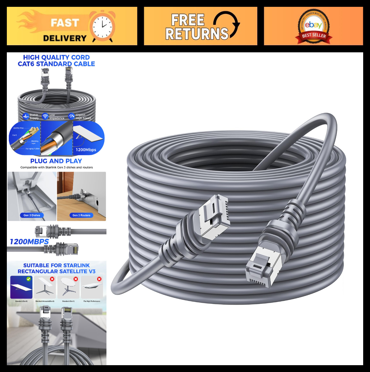 100FT Waterproof Ethernet Cable for Starlink Gen 3 & Mini, RF Coaxial Extension