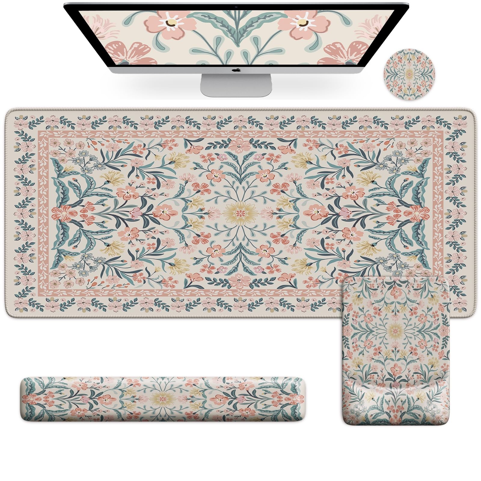 Pink Cute Floral Large Desk Mat Set Mouse Pad Wrist Rest Ergonomic NonSlip