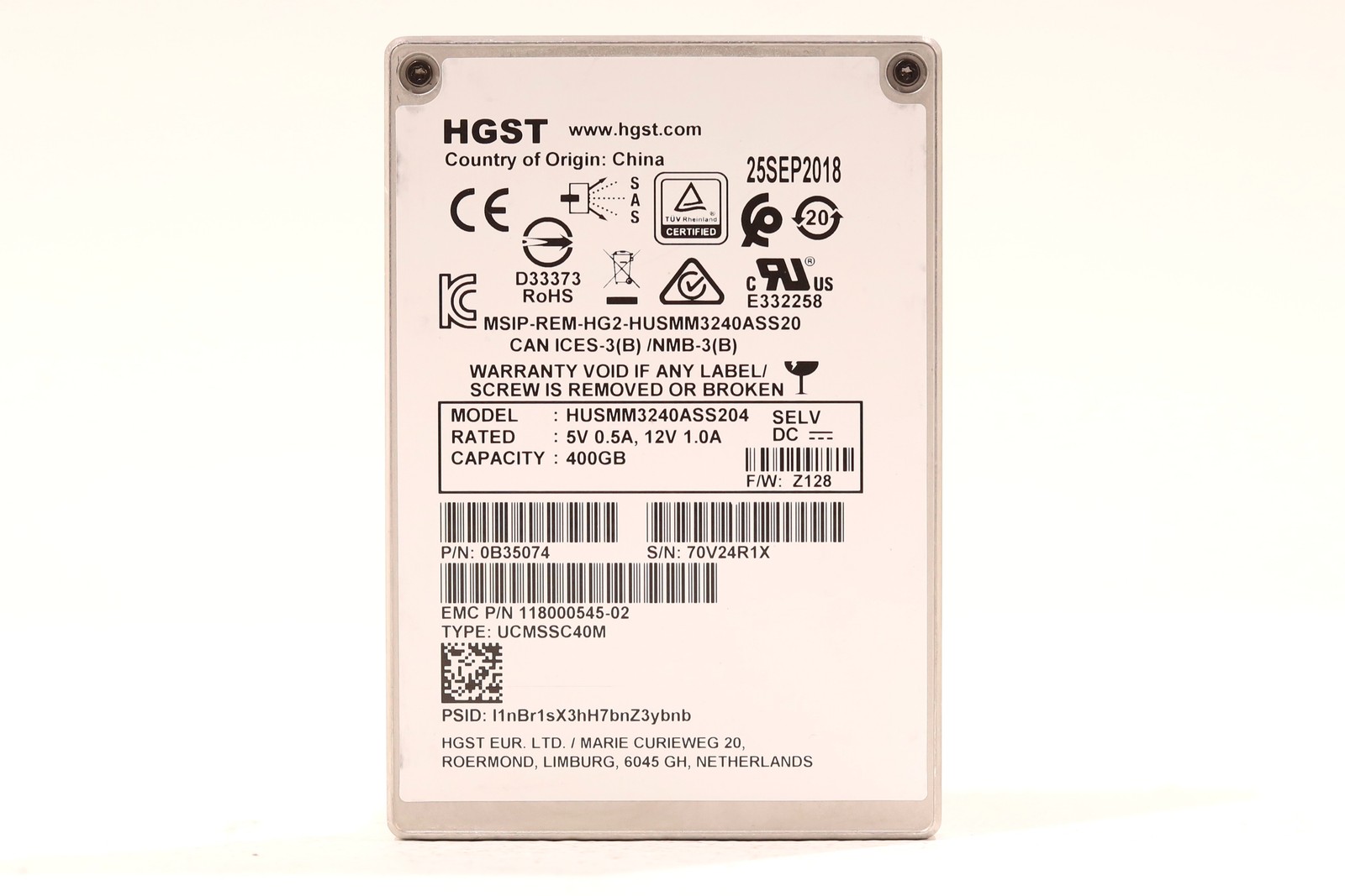 EMC HUSMM3240ASS204 400GB 2.5" 12Gb/s SAS Solid State Drive P/N: 118000545-02