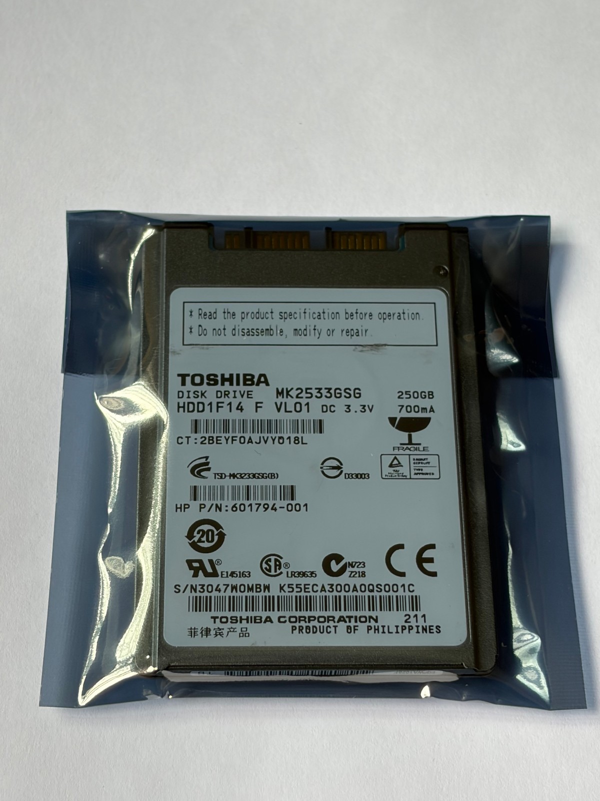 Toshiba MK2533GSG HDD1F14 250GB 5400RPM 4.57cm 1.8" 8MB VR SAS Micro-SATA HDD