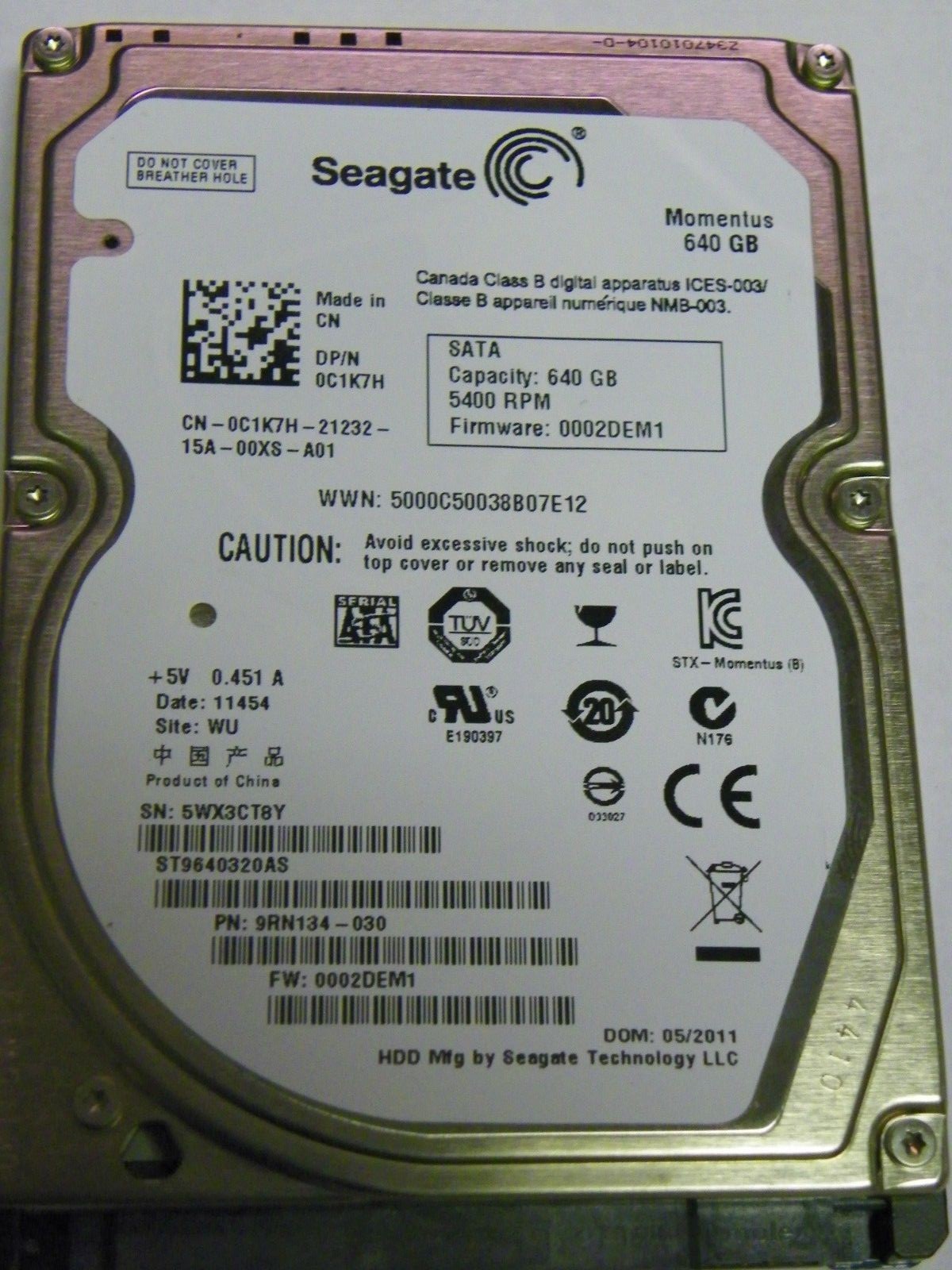 Seagate ST9640320AS P/N:9RN134-030 FW: 0002DEM1 DP/N 0C1K7H 640GB 2.5" SATA HDD