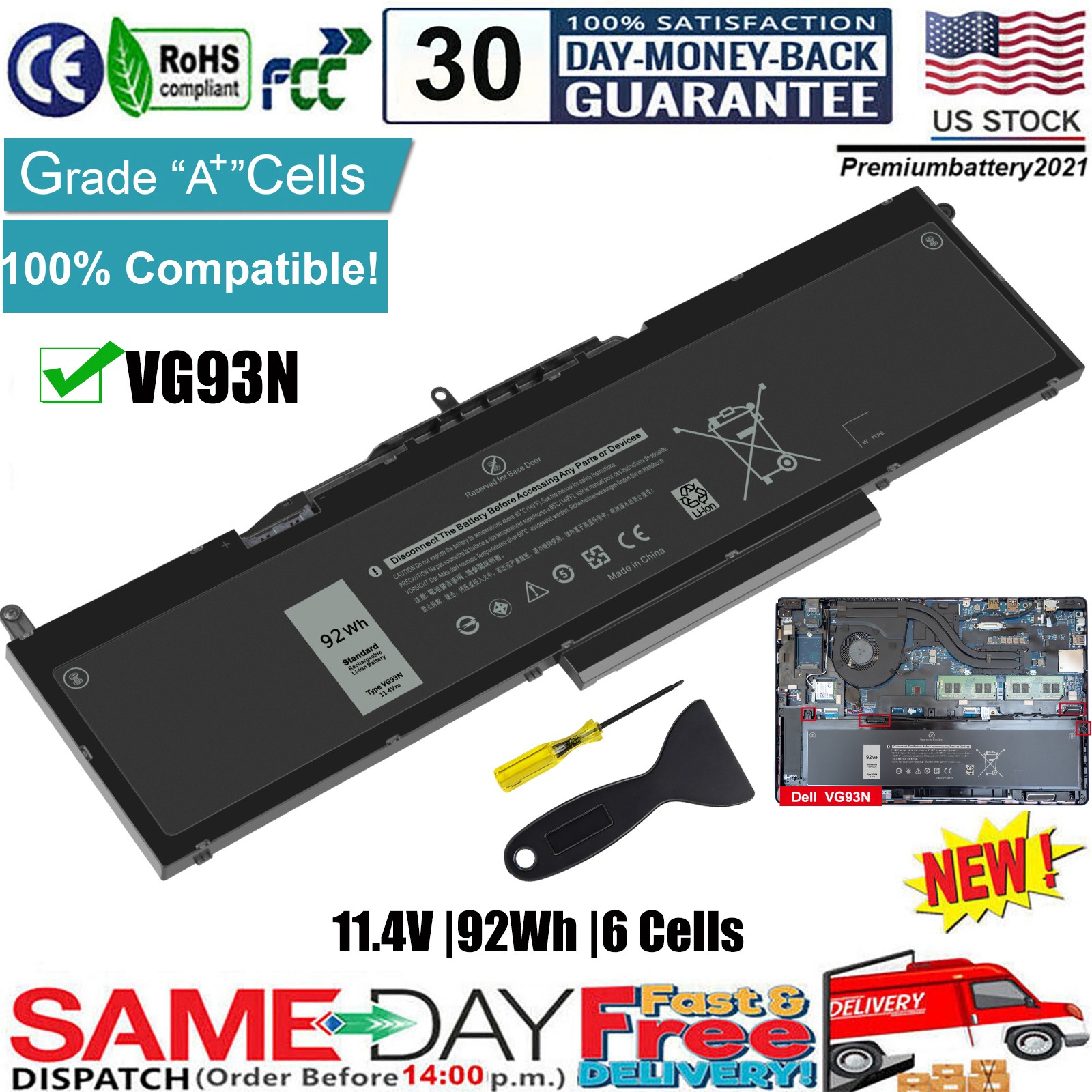 ✅92WH New Dell VG93N Battery Precision 15 3520 3530 Latitude 15 5580 5590 5591