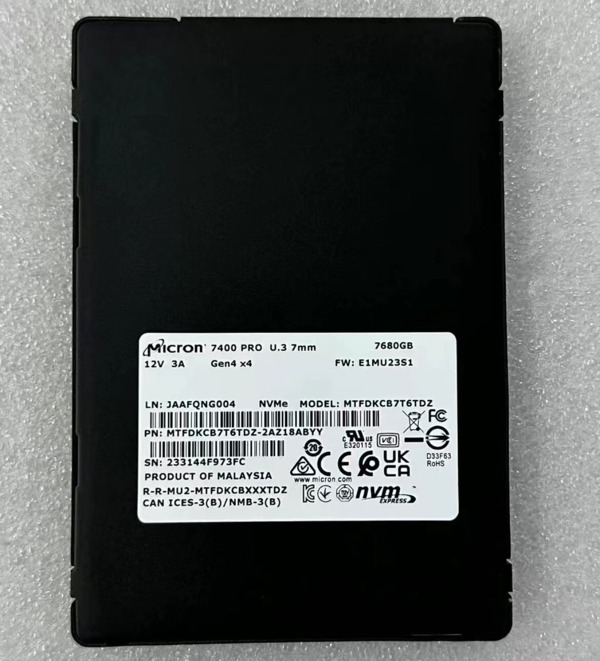 Micron 7400 Pro 7.68TB SSD U.3 7mm 7680GB Gen x4 FW:E1MU23S1 MTFDKCB7T6TDZ