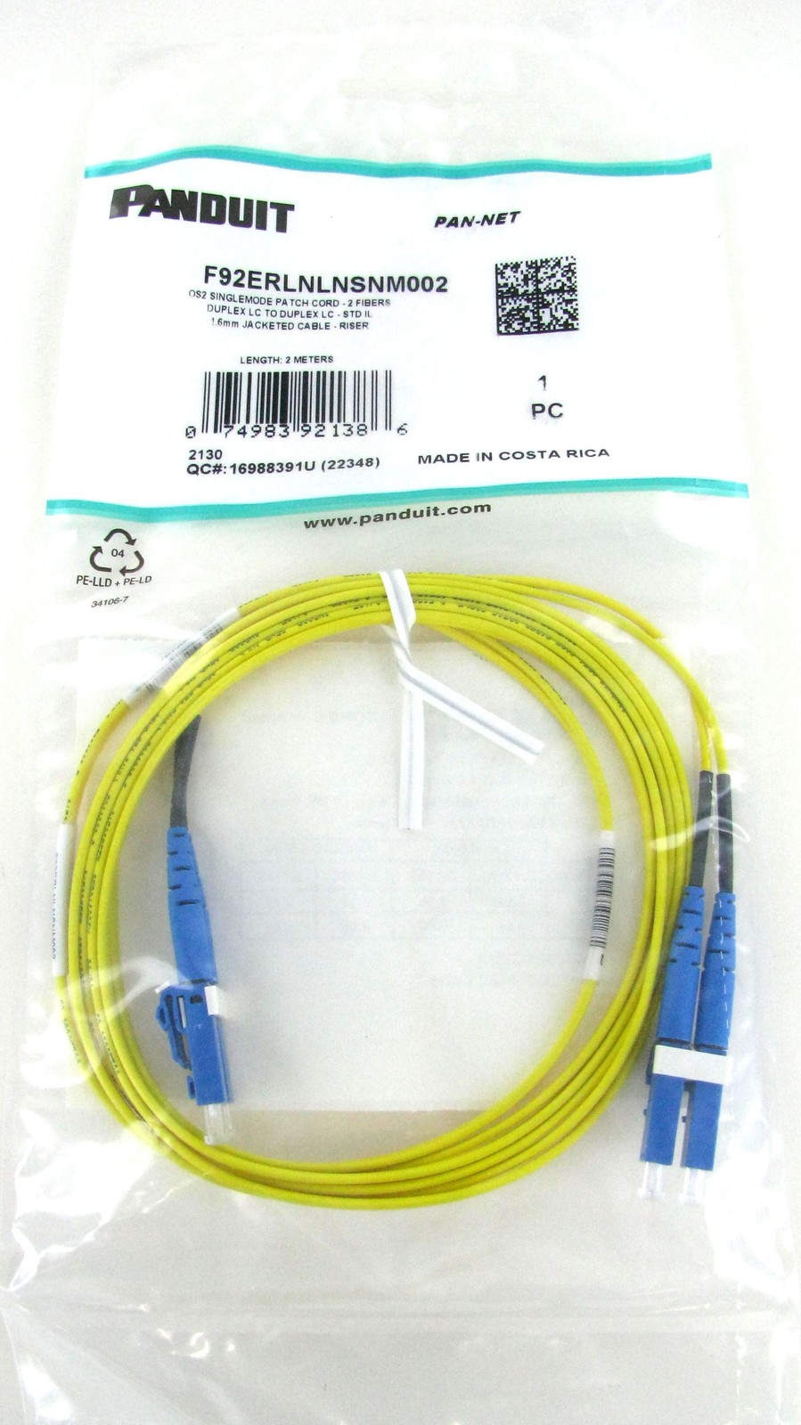 Panduit F92ERLNLNSNM002 LC Duplex OS2 SM 2m Fiber Optic Patch Cable ~STSI