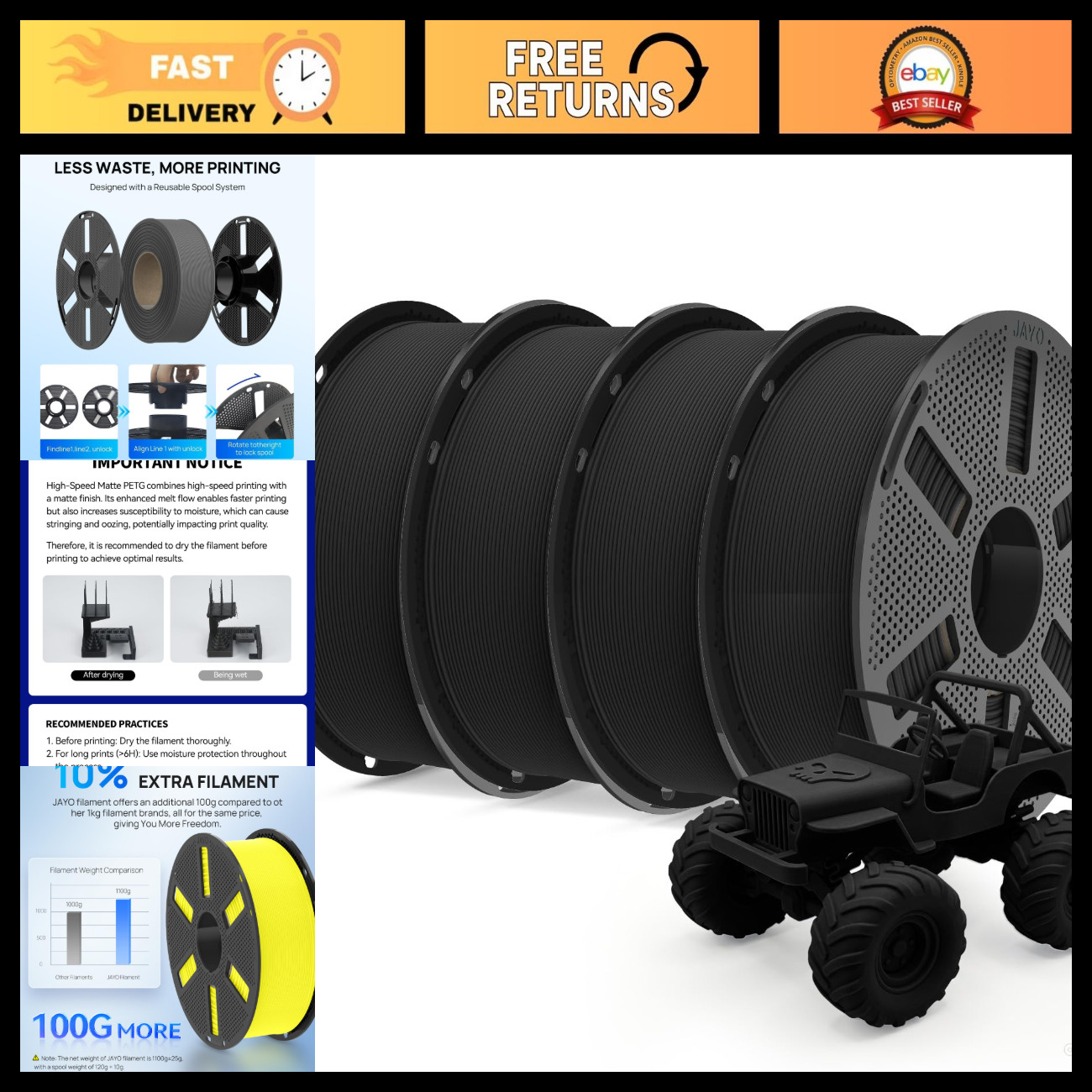 High-Speed Matte PETG 1.75mm Filament Bundle, Black, 4.4KG - 3D Printing Materia