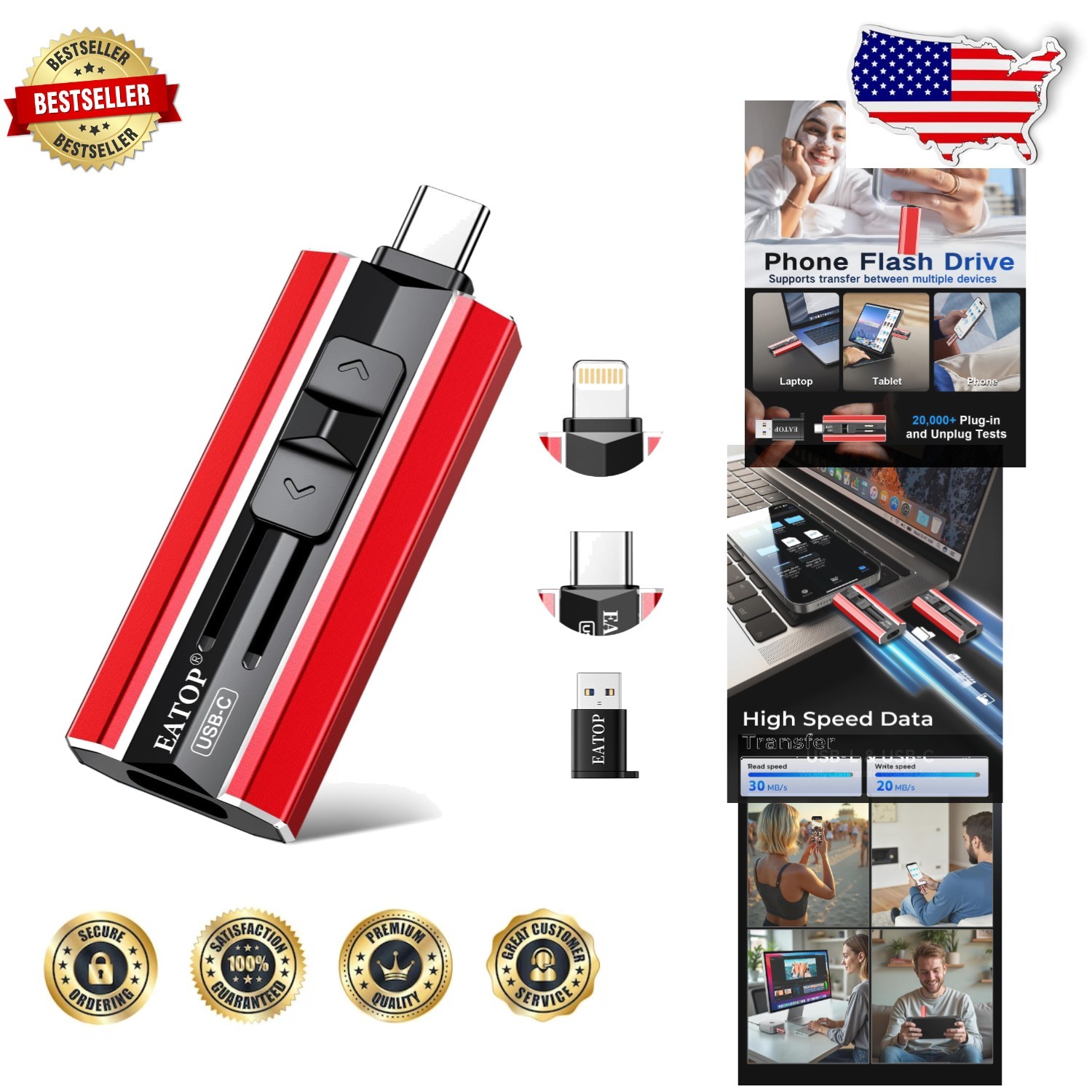 Bright Red 512GB USB Flash Drive - Dual Port, Fast Transfer, iPhone/PC/Android