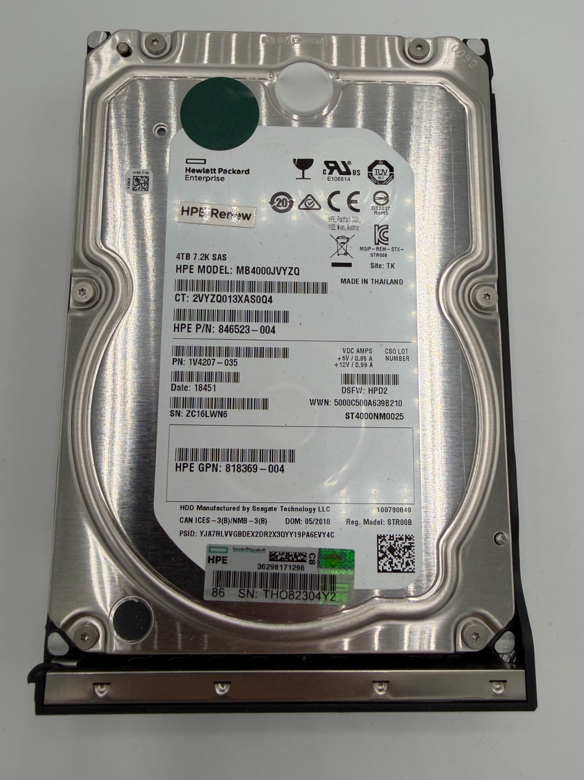 HPE 846523-004 4TB 7.2K 12G SAS 3.5in LFF HDD MB4000JVYZQ ST4000NM0025 w/ Tray