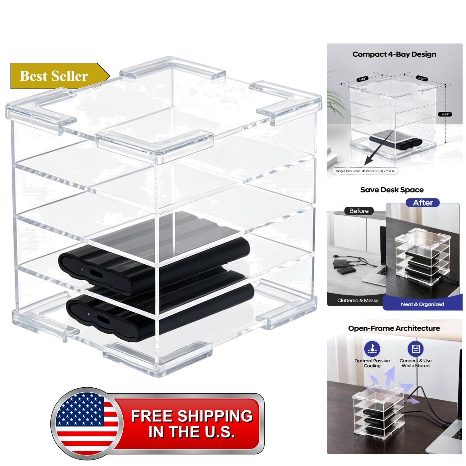 Acrylic External Hard Drive Organizer, 4-Bay Desktop Holder for HDD & SSD, Cl...