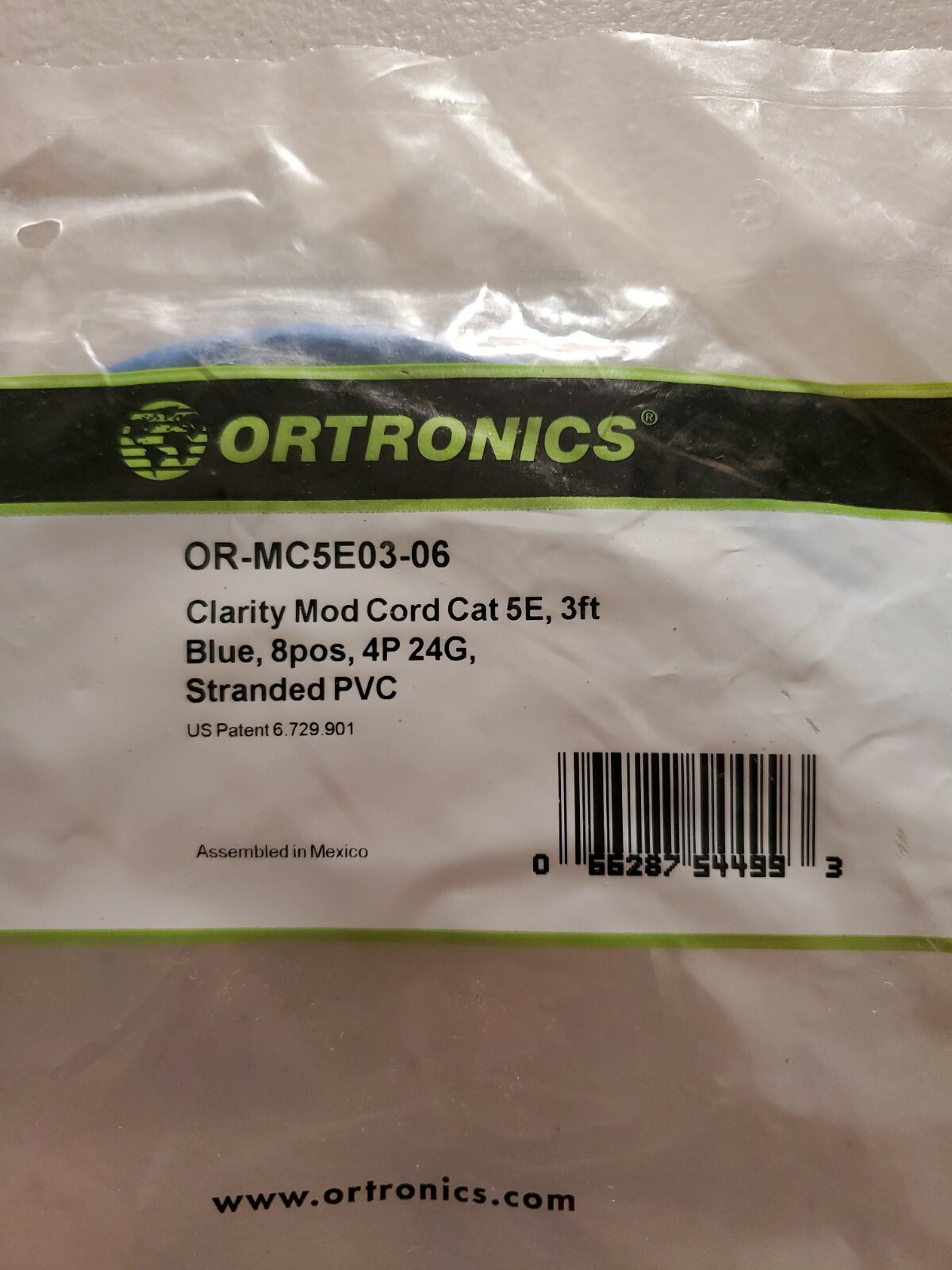 Ortronics Cord OR-MC5E03-06  MOD, Clarity, 5e 3 feet Blue 4P 24G ST PVC New