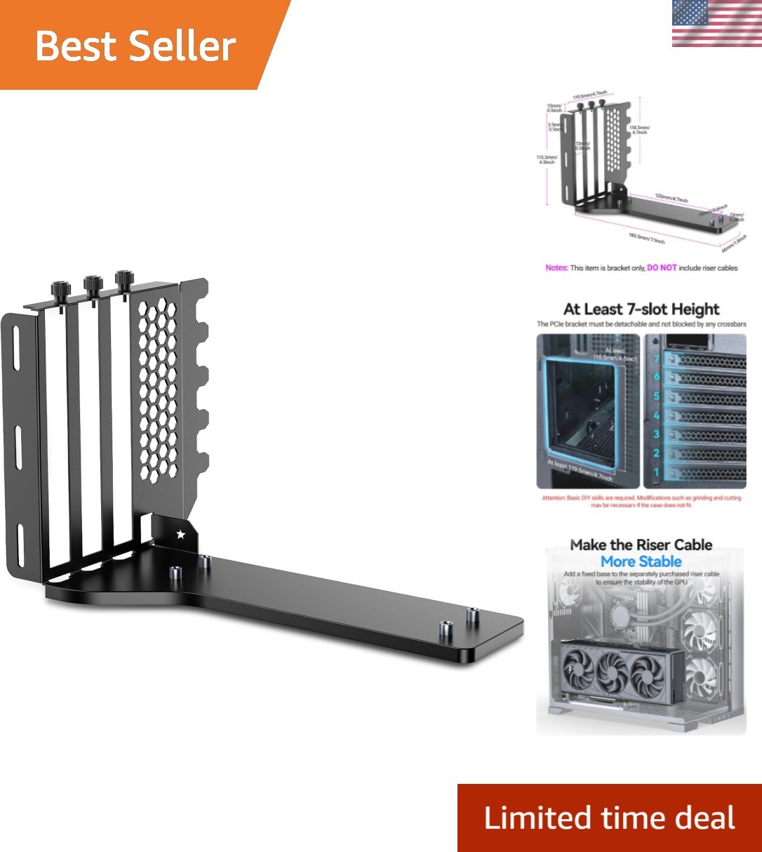 Vertical GPU Mount 3 Slot, PCIe 5.0/4.0 Riser Cable Mounting Kit