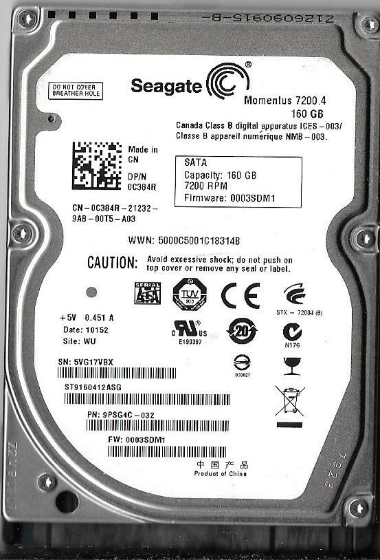 Seagate ST9160412ASG 160GB Sata Hard Drive P/N: 9PSG4C-032 F/W: 0003SDM1  WU