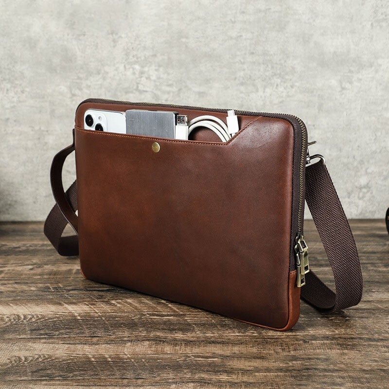 Distressed Genuine Leather Laptop Single Shoulder Case Bag for MacBook Pro 14.2"