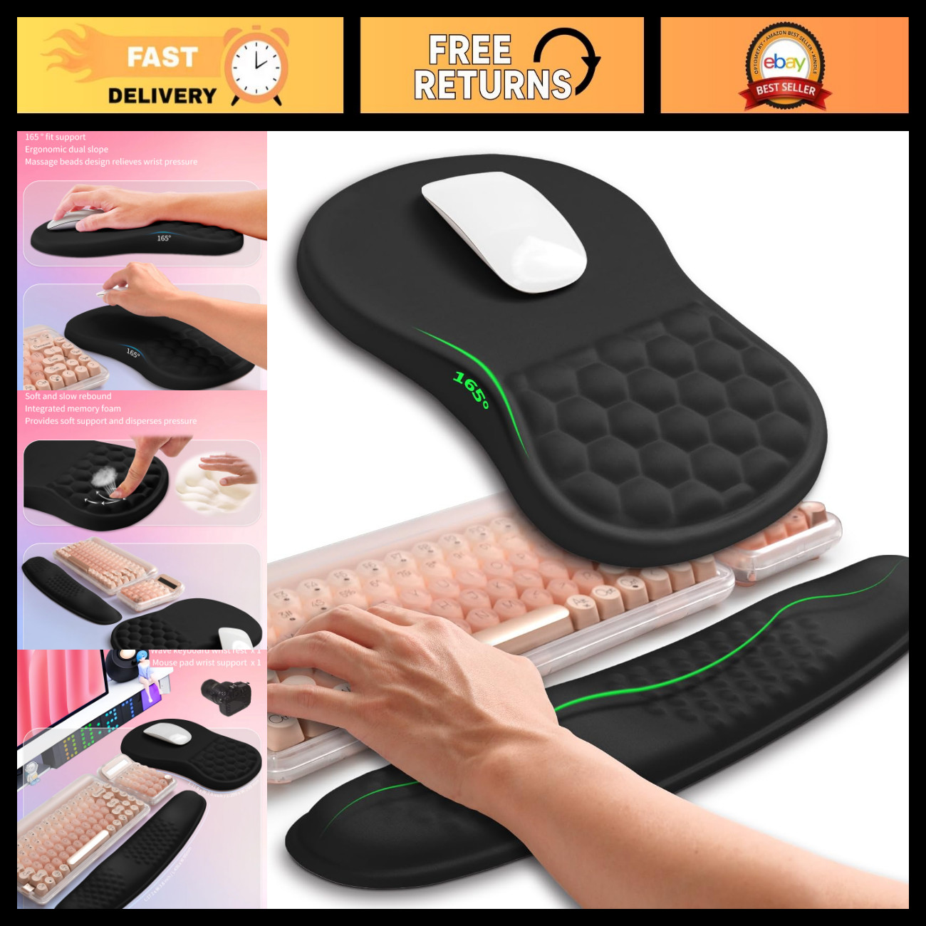 Ergonomic 2-in-1 Wave Keyboard Wrist Rest & Mouse Pad Support, Memory Foam, Blac