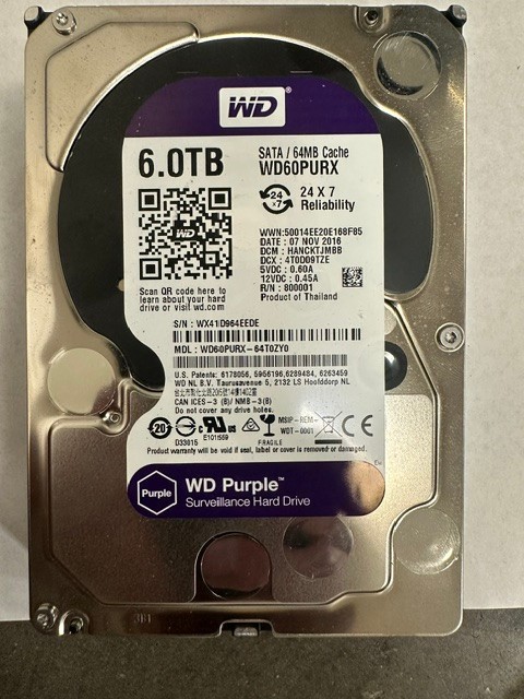 WD Purple  WD60PURX 6TB HDD  6Gbps 3.5" SATA Hard Drive by Westren Digital -USED