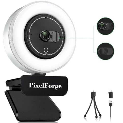 Black/White - 2K Webcam for PC with Microphone & Light & Privacy Cover