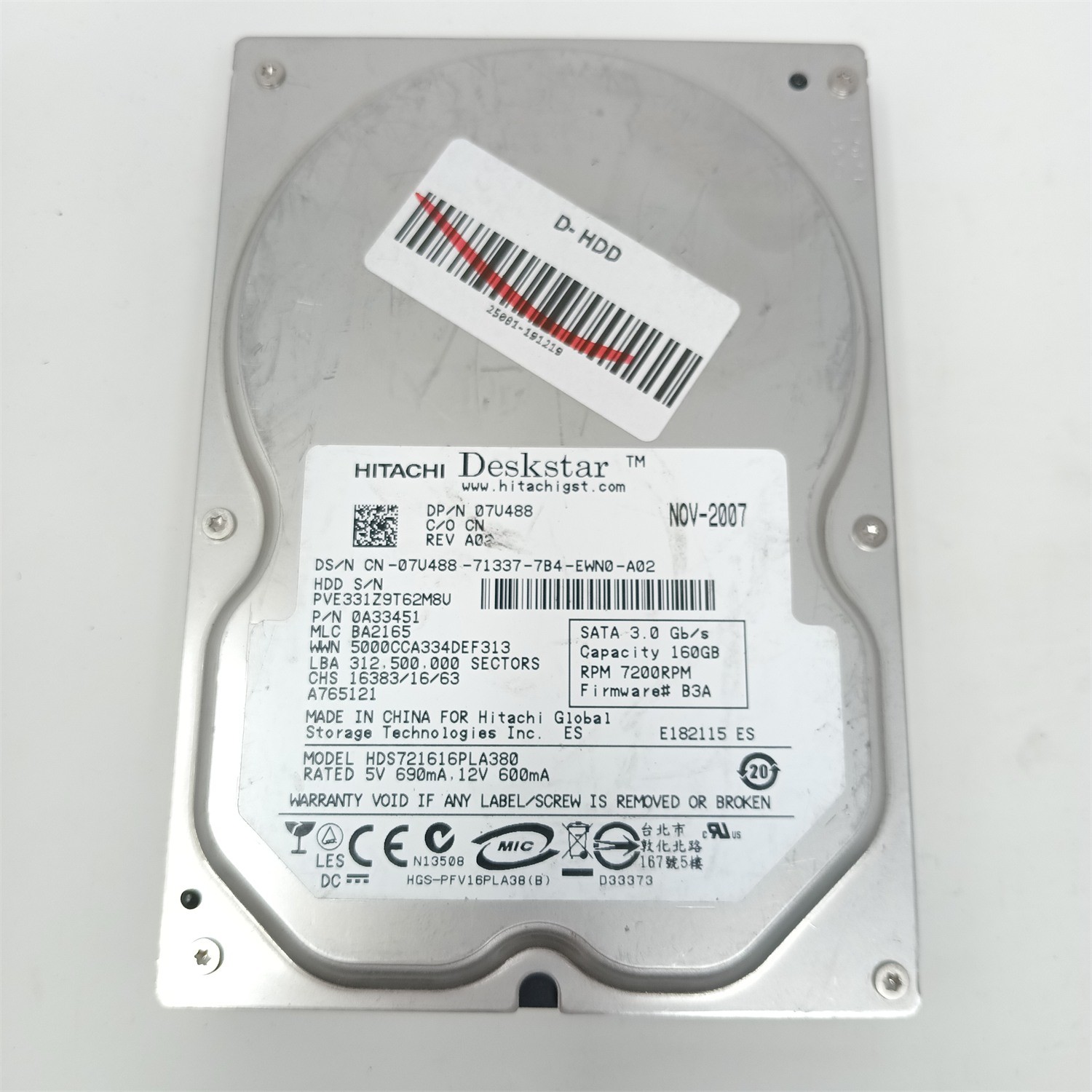 Hitachi HDS721616PLA380 160GB 3.5" SATA III HDD - Tested