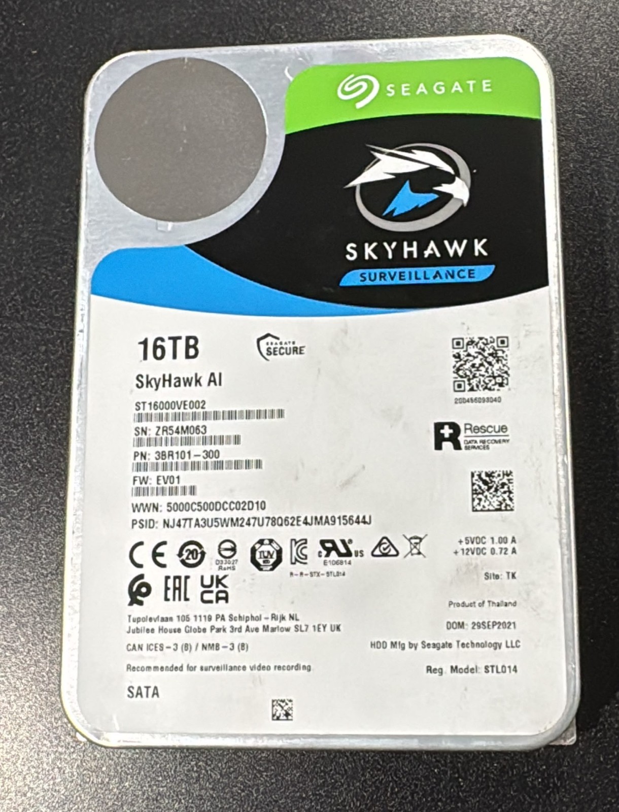 Seagate SkyHawk AI 16TB 3.5" Surveillance Hard Drive ST16000VE002 – SATA 6Gb/s 7