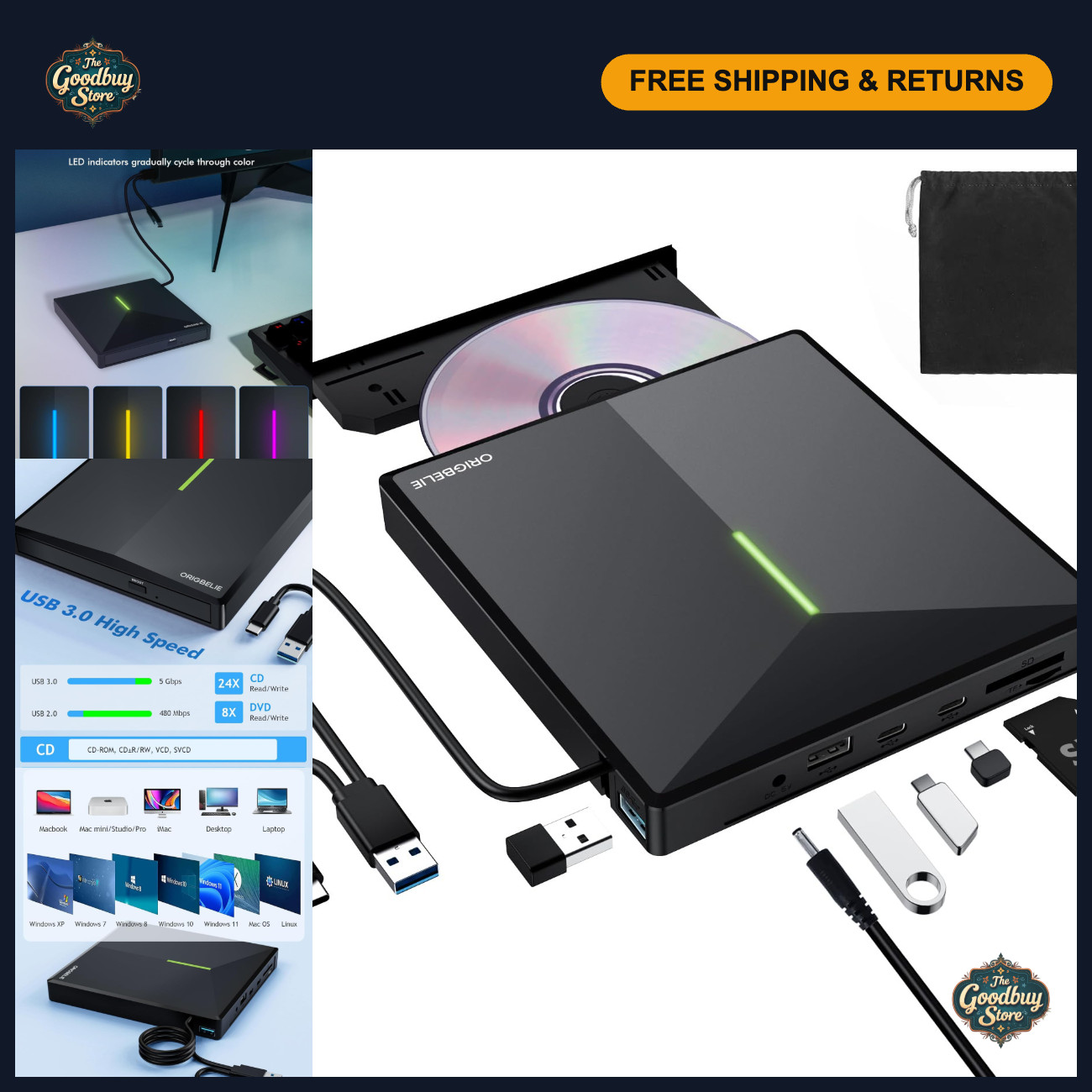 External CD/DVD Drive for Laptop, USB 4 Ports, 2 SD/TF Card Slots, Portable