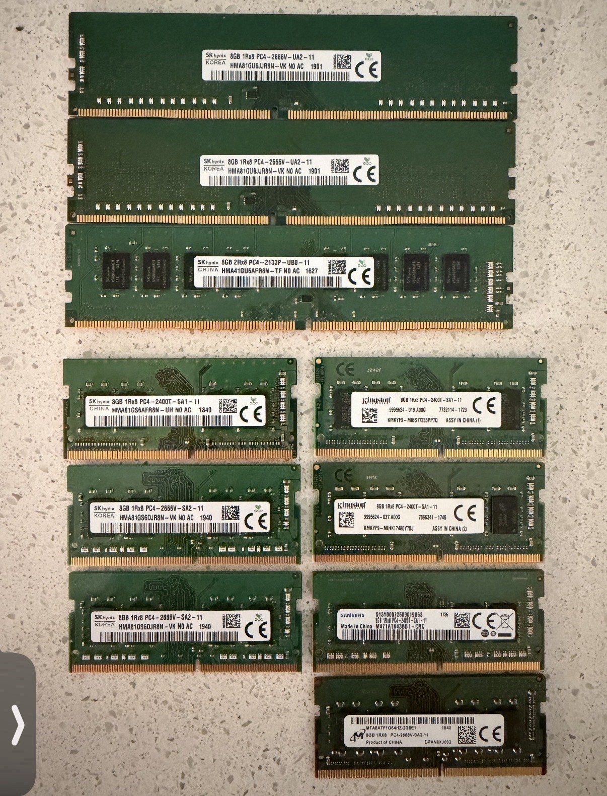 10 – 8GB RAM chips of various brands and speeds