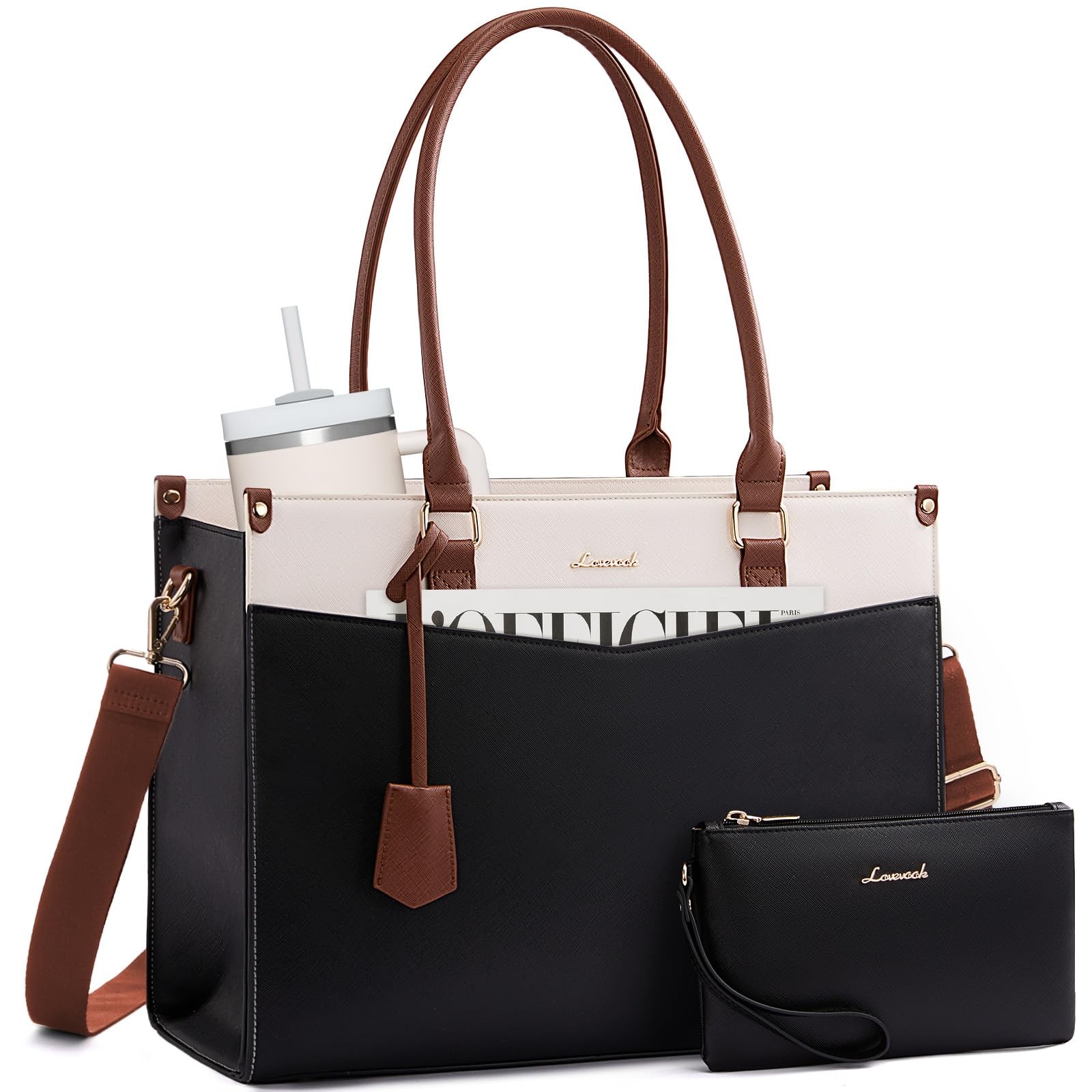 Laptop Bag for Women, 2-in-1 Tote Purse with Clutch & Cup Holder, Waterproof ...